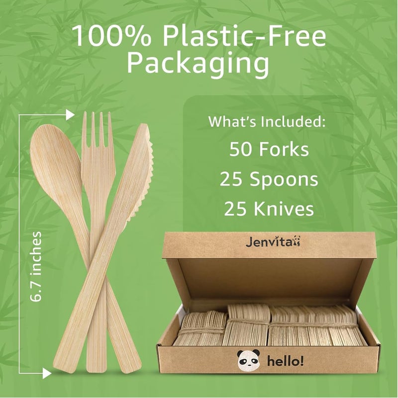 Jenvita 100% Bamboo Utensils Set - 100x Compostable Cutlery Set (50 Compostable Forks, 25 Disposable Spoons, 25 Biodegradable Knives) | Bamboo Silverware | FSC Certified for Weddings, Camping, Party - Image 3